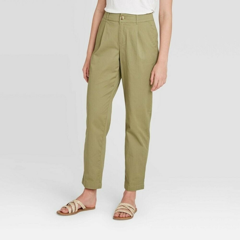 A New‎ Day Womens Cropped Pants Parka Tan Green High Rise Stretch Pleated Sz12